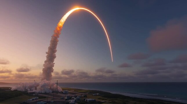 Video footage of a rocket taking off from launch complex. Takeoff. Lift off. Shuttle leaves a trail and fumes