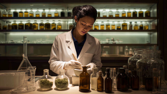 A female pharmacist preparing medicine in a modern pharmacy lab, wearing a white coat and gloves, professional healthcare worker focused on accurate compounding process.