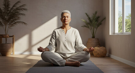 Peaceful Senior Woman Meditating in Sunlit Room Finding Inner Peace Through Mindfulness