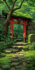 Fototapeta premium Ancient moss covered stone pathway leading through a vibrant green forest towards a red torii gate