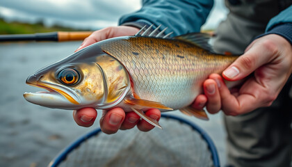 Obraz premium Close-up of hands holding freshly caught fish, fishing rod and landing net nearby