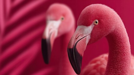Naklejka premium Close up of two pink flamingos against a blurred deep pink background showing detailed feathers