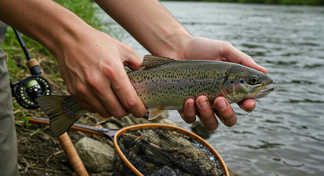 Close-up of hands holding freshly caught fish, fishing rod and landing net nearby