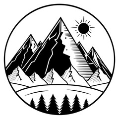 Black and White Woodcut Mountain Sunrise Illustration