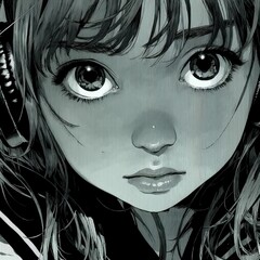 Fototapeta premium Black and white illustration of a young woman's face with expressive eyes