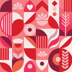 Colorful geometric mosaic seamless pattern illustration with creative abstract shapes. Modern scandinavian style background print. Trendy bright symbols and minimalist shape texture, geometry collage.