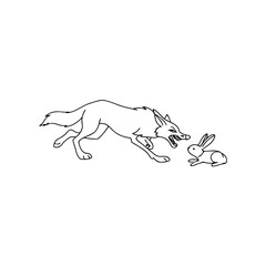 Fototapeta premium Black line art of a wolf chasing a rabbit hunting predator