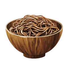 Bowl of brown noodles in rustic wooden bowl isolated on transparent background