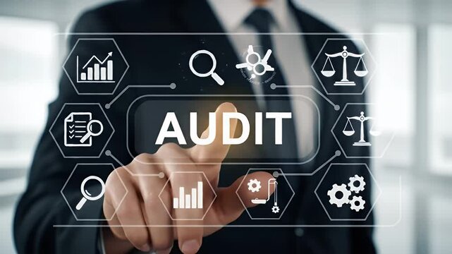Auditing with a Man in a Black Suit Touching Virtual Interface Displaying Finance and Regulatory Concept with White Blurred Background Contains Logos