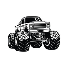 Monster Truck Clipart, Big Tire Offroad Truck SVG, Black and White Monster Truck Illustration