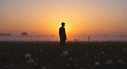 Silhouette of a Man in a Foggy Field at Sunrise