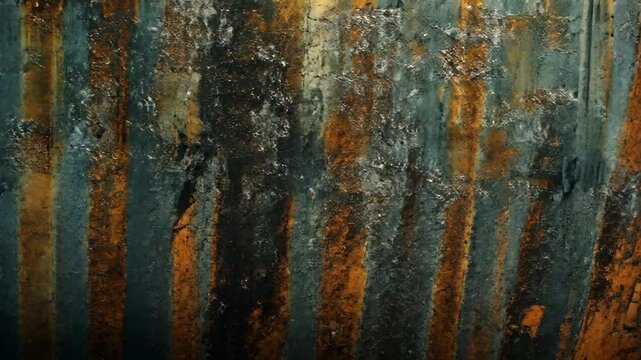 Abstract texture of rusted metal surface with orange and green hues, evoking industrial decay