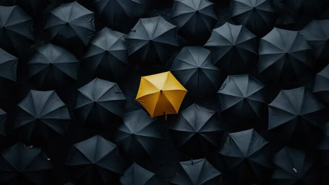 Yellow umbrella top view isolated among black umbrellas showcasing unique pattern rain protection contrast and striking uniqueness symbolizing leadership innovation difference individuality bright