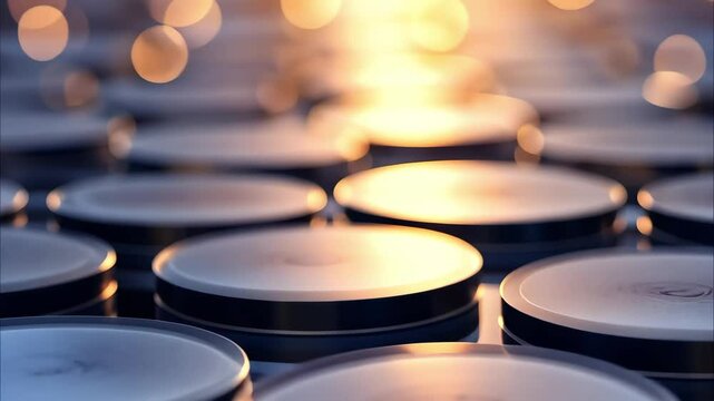 A close-up of circular metallic surfaces, possibly can lids or compact discs, reflecting light with a soft bokeh effect.