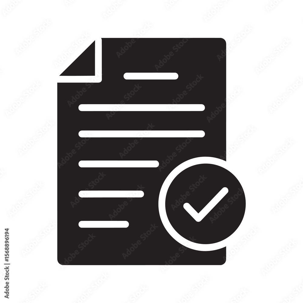 Poster approved document icon with a check mark seal representing a validated contract certified report or 