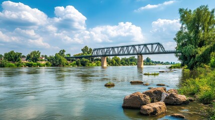 Steel Bridge Crossing Over River Against Clear Blue Sky