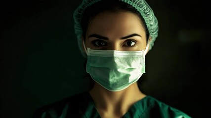 Surgical mask medical cap healthcare worker female portrait dark background protective gear medical professional hospital face mask focused eyes showing dedication professionalism serious expression