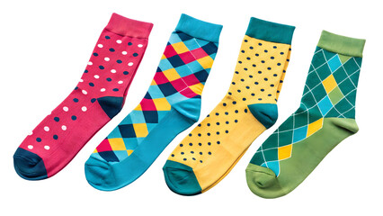 Four colorful patterned socks with polka dots and argyle designs isolated on a transparent background