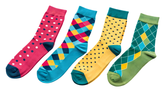 Four colorful patterned socks with polka dots and argyle designs isolated on a transparent background
