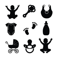 Collection of baby silhouette icons including stroller, pacifier, bottle, bib, onesie, rattle, baby feet, and sitting baby in black vector style