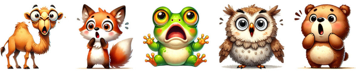 Funny cartoon animals with shocked face, watercolor illustration isolated on transparent background.