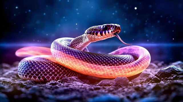 A colorful, stylized snake with a shimmering effect, coiled on a textured surface against a starry background.