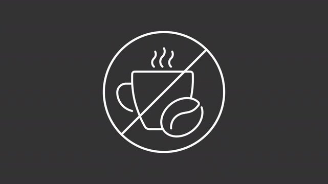 No caffeine white line animation. Stop drinking coffee for wellbeing animated icon. Avoid energetic beverage before sleep. Lifestyle. Isolated element on dark background. Alpha transparent video