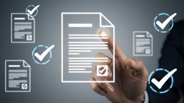 Businessman in Dark Suit Checking Documents with Holographic Tick Marks in Front of Gray Background in Compliance and Approval Concept