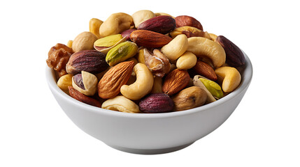 A white bowl filled with a variety of mixed nuts including almonds cashews pistachios and walnuts isolated on transparent background
