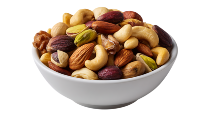 A white bowl filled with a variety of mixed nuts including almonds cashews pistachios and walnuts isolated on transparent background