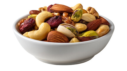 A white bowl filled with a healthy mix of assorted nuts and dried cranberries isolated on transparent background
