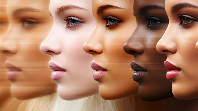 A sequence of six women's profiles, each representing a different skin tone and facial features, highlighting diversity in beauty.