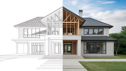 3d render of a modern house with blue print view