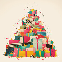 A vibrant, whimsical pile of colorful gift boxes with playful ribbons, bursting with joy and childhood wonder