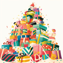 A vibrant, whimsical pile of colorful gift boxes with playful ribbons, bursting with joy and childhood wonder