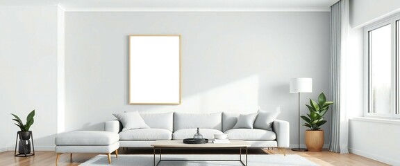 Modern living room with white sofa coffee table and blank picture frame