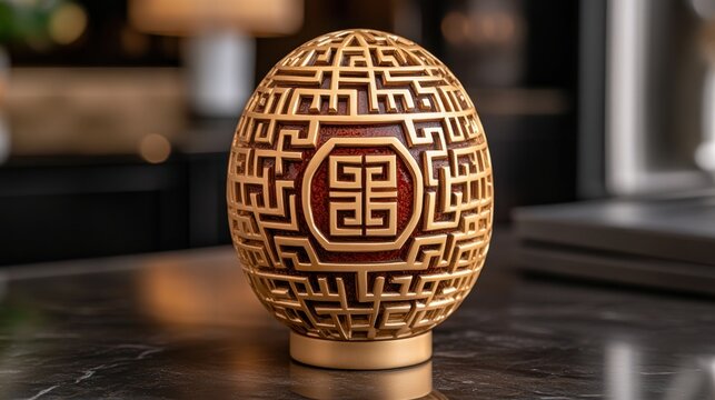 Exquisite decorative egg, intricate gold and maroon design