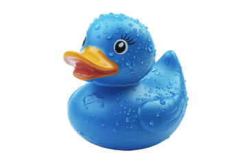 Bright blue rubber duck covered in water droplets isolated on a clean white background, showcasing its playful design and vibrant color for a cheerful atmosphere at bath time