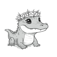 A cute cartoon baby crocodile with large eyes, small teeth, and a gentle smile wears a flower crown, illustrated in black-and-white line art.