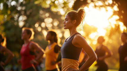Group of diverse women exercising in an urban park under warm morning sunlight, radiating positive energy and motivation-perfect for promoting fitness and active lifestyle brands. Generative AI.