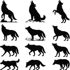 Collection of wolf silhouette vector illustrations, howling, walking, standing, running wolves, perfect for wildlife, nature, forest, animal designs