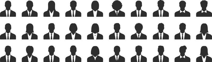 Diverse business avatar icon collection, male and female professional profile silhouettes, corporate user icons, team member vector illustration set
