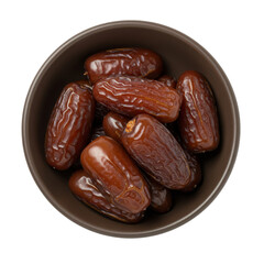 A close-up view of fresh, plump dates in a brown bowl, highlighting their rich texture and color