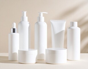 Blank cosmetic bottles on beige background &ndash; skincare packaging mockup