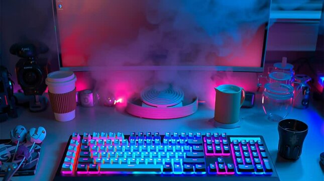 A trendy influencer desk setup with neon lights, RGB keyboard, coffee steam rising, camera zooms in slowly