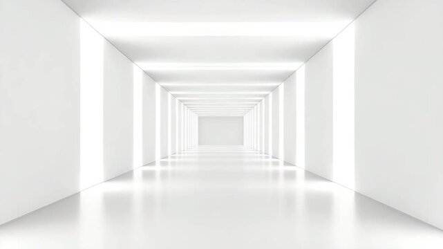 Bright white modern corridor hallway with reflective floor and glowing vertical light panels creating futuristic, clean, bright interior and endless perspective in empty space