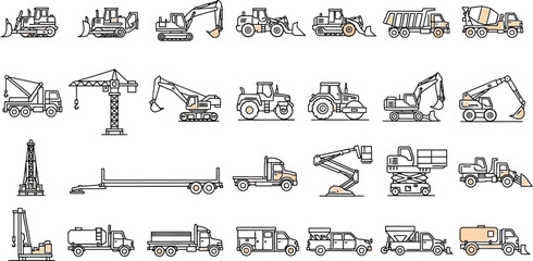 Illustration of various construction vehicles and heavy equipment icons