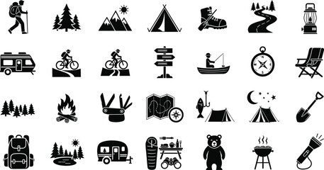 Fototapeta premium Collection of camping and outdoor activity icons in black and white