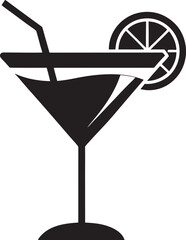 Black silhouette of a cocktail with a lemon slice and straw isolated on white background