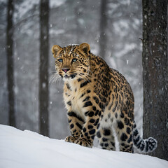 Obraz premium Endangered Amur Leopard in Snowy Forest Habitat of Russian Far East
